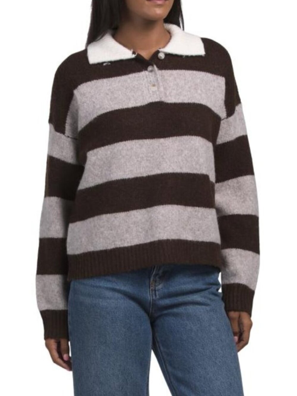 LUNA IVY Fuzzy Rugby Stripe Polo Sweater